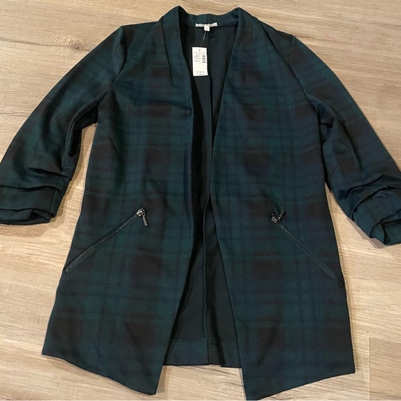 Maurices Ever Go women's blazer Green Navy open front 3/4 sleeve plaid size S - Picture 2 of 6